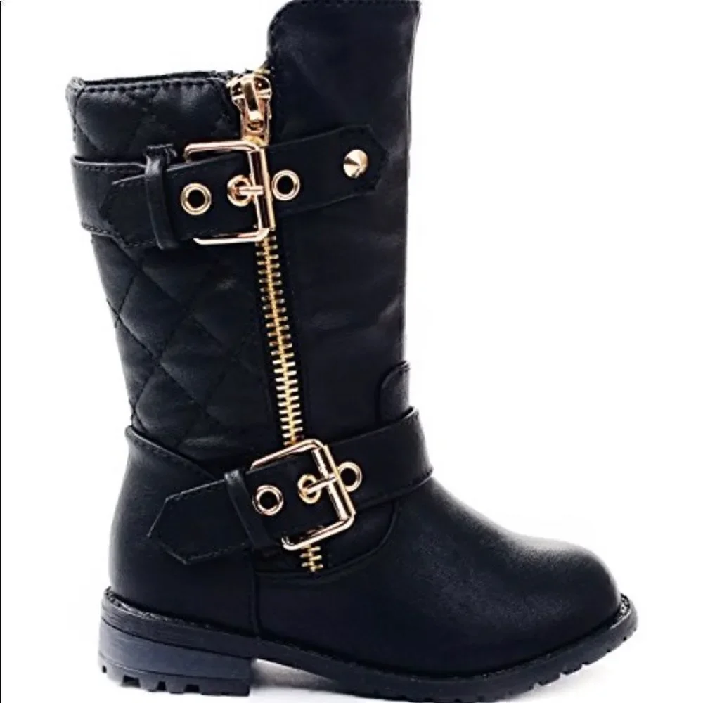 Link Baby Girls Black Dual Buckle/Zip Quilted Black Moto Boots